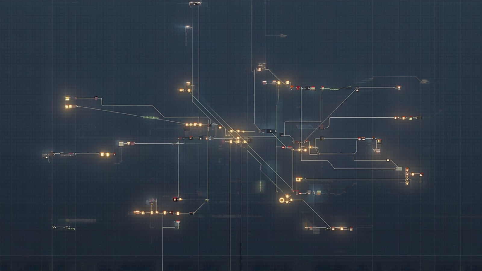 Abstrakte Netzwerk-Illustration aus leuchtenden Knotenpunkten und verzweigten Diskussionslinien vor dunklem Hintergrund, in Terminal-Grün und Bernstein